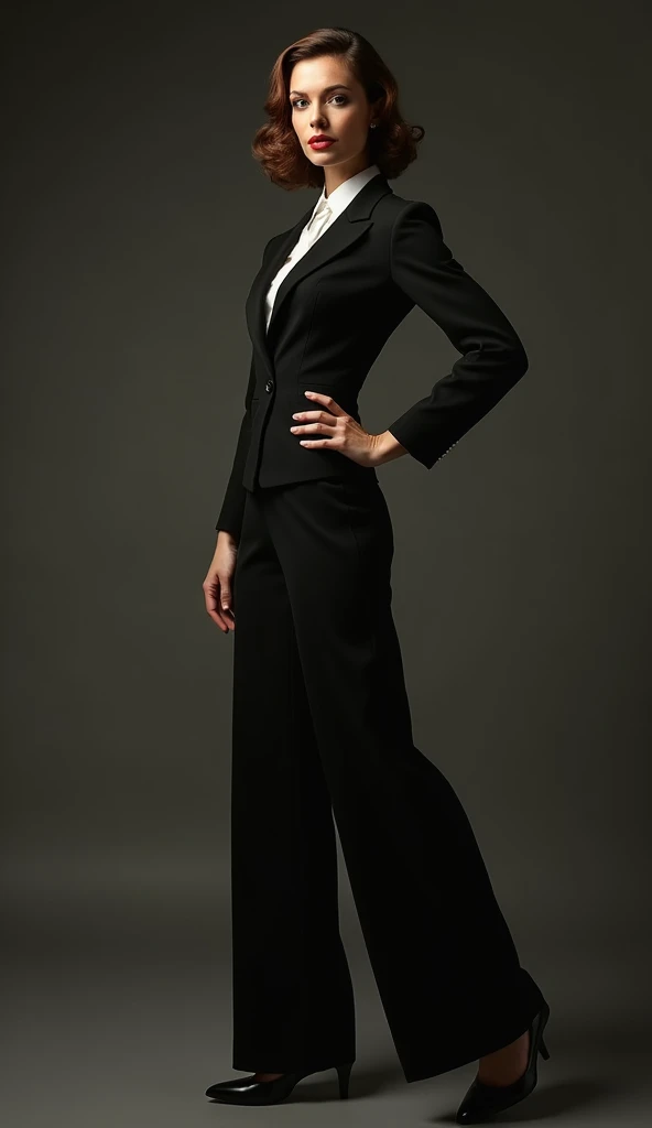 colour 1930s female in a pant suit, 1girl, beautiful detailed eyes, beautiful detailed lips, extremely detailed face and portrait, long eyelashes, elegant businesswoman, confident pose, dramatic lighting, cinematic, retro style, high contrast, film grain, chiaroscuro, serious expression, tailored suit, wide-leg pants, strong silhouette, dramatic shadows