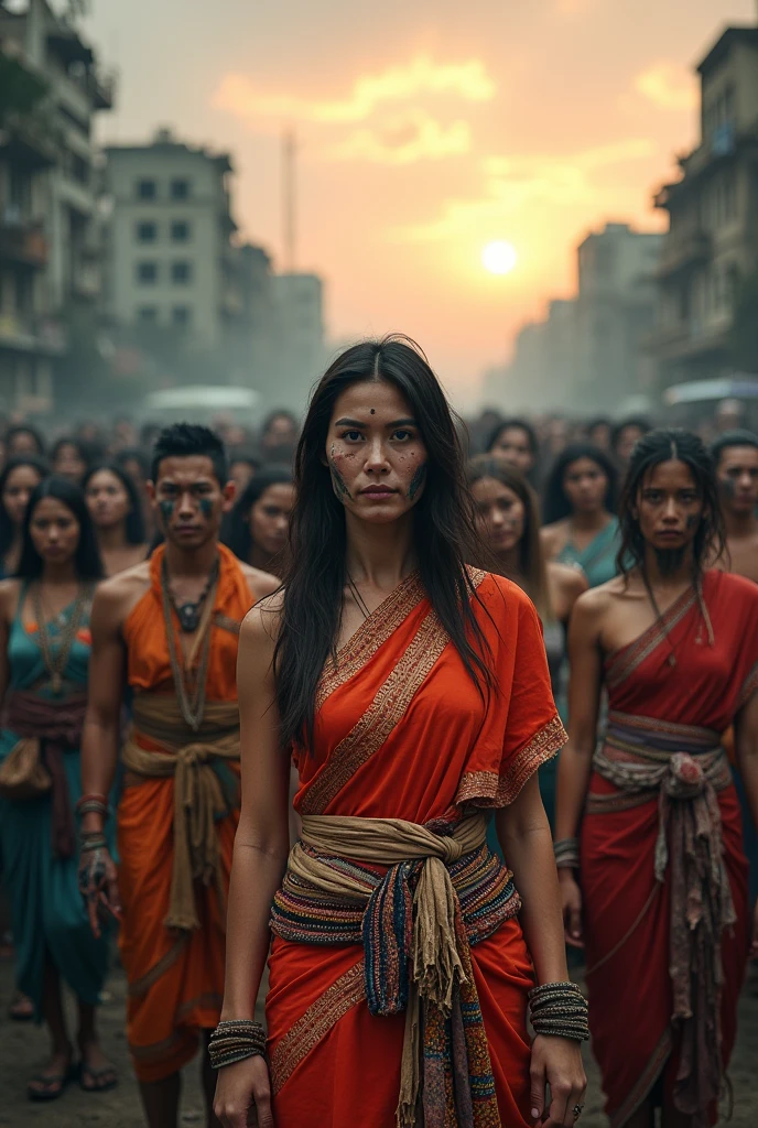 A mix of survivors and zombies. Survivors should be depicted in traditional Thai attire or makeshift protective gear, while zombies should appear menacing and disheveled.