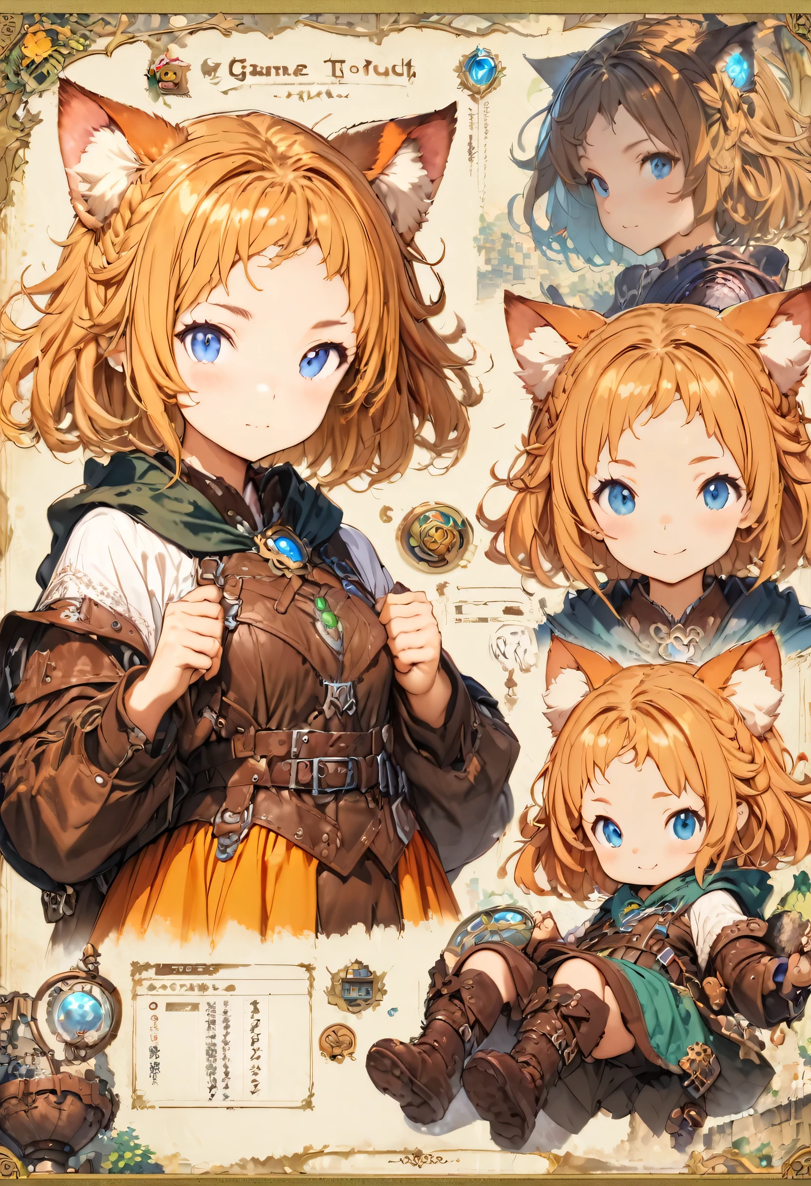 cute girl, cat ears, short hair, full body, fantasy world adventure, (game character setting material sheet, various angles:1.5), (masterpiece, best quality, highly detailed, ultra detailed, absurdres:1.3), (1girl, cute, charming girl:1.3), (fantastic illustration, beautiful detail, best quality, top quality, high quality,  fain touch outline:1.3), watercolor, clear, beautiful detail