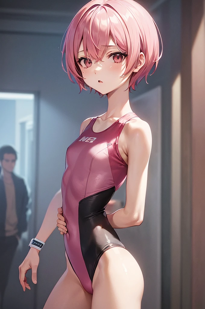 masterpiece, best quality,anime style, 1 girl,(((slender body))), (((small eyes))),(((athlete suit))), (beautiful face), (((short hair))), (((straight hair))), ((((pink hair)))),detailed beautiful skin, (perfect hands, perfect anatomy),scream