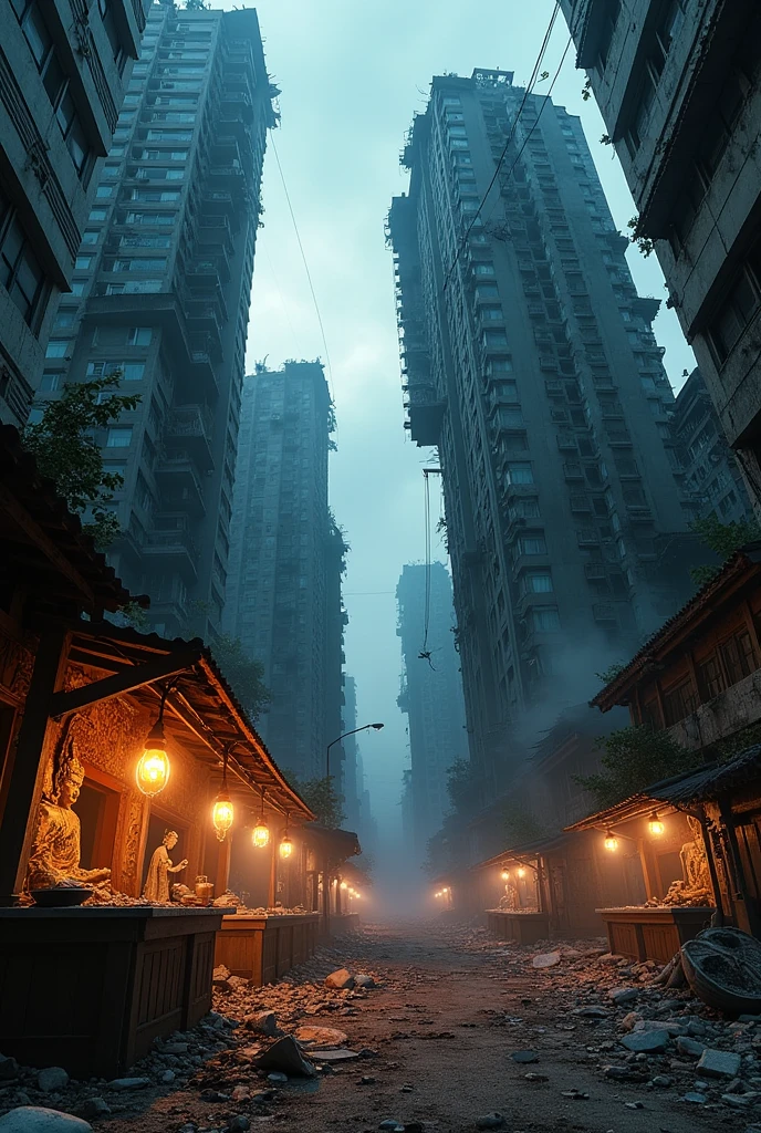 Show the impact of the apocalypse—damaged buildings, abandoned markets, and debris scattered across the streets. Include elements of Thai culture amidst the chaos, such as street food stalls or Buddhist shrines.