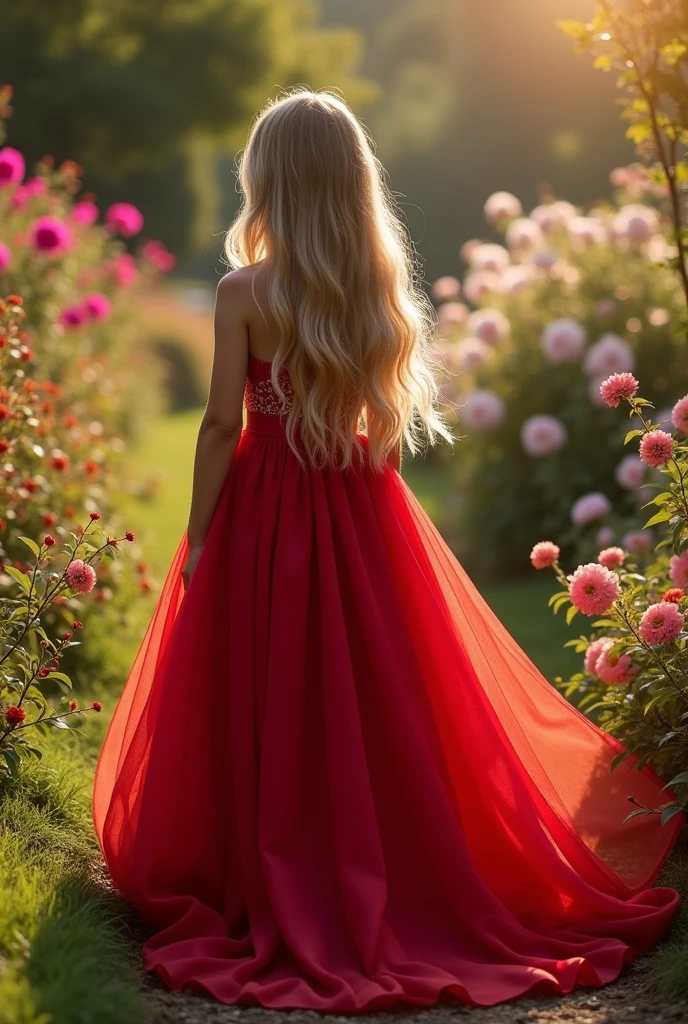 best qualityer:1.4), (ultra high resolution:1.2), (photorrealistic:1.4), (8k, CRU photo:1.2), 1 girl, redgown, out, lateral view, parte superior do corAfter, hair long blonde, After