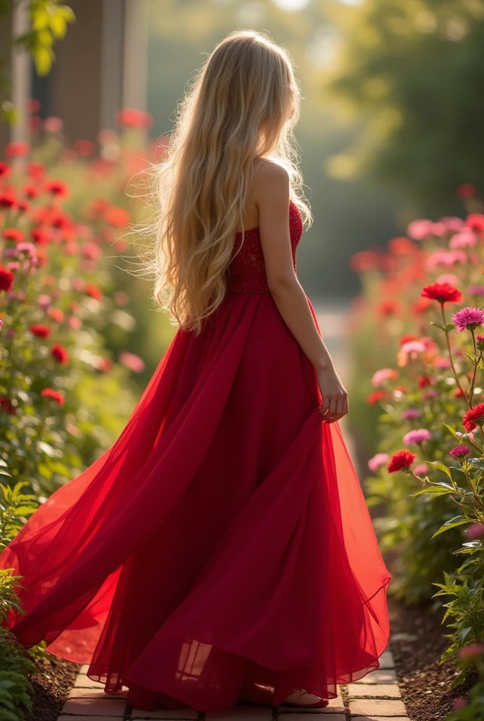 best qualityer:1.4), (ultra high resolution:1.2), (photorrealistic:1.4), (8k, CRU photo:1.2), 1 girl, redgown, out, lateral view, parte superior do corAfter, hair long blonde, After