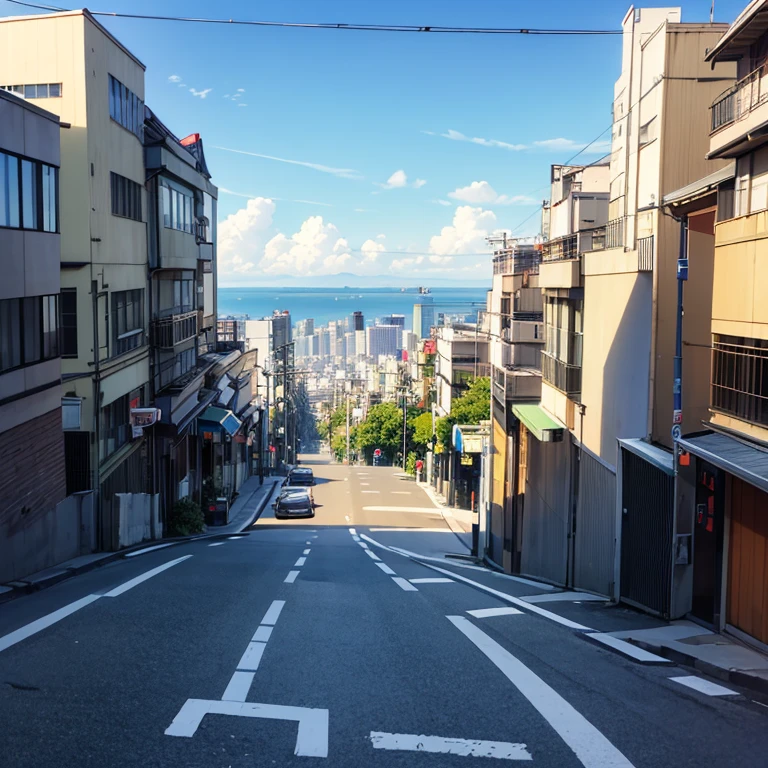 background only,
hill, tokyo (city),
city, cityscape,
(downhill:1.2),
road, street, pavement,
apartment,
power lines, utility pole,
drain (object),
rooftop,
ocean,
afternoon, summer,
horizon,
from front,
(from above:0.5),
(high quality, ultra detailed, masterpiece, super detail, highres, anatomically correct, UHD)