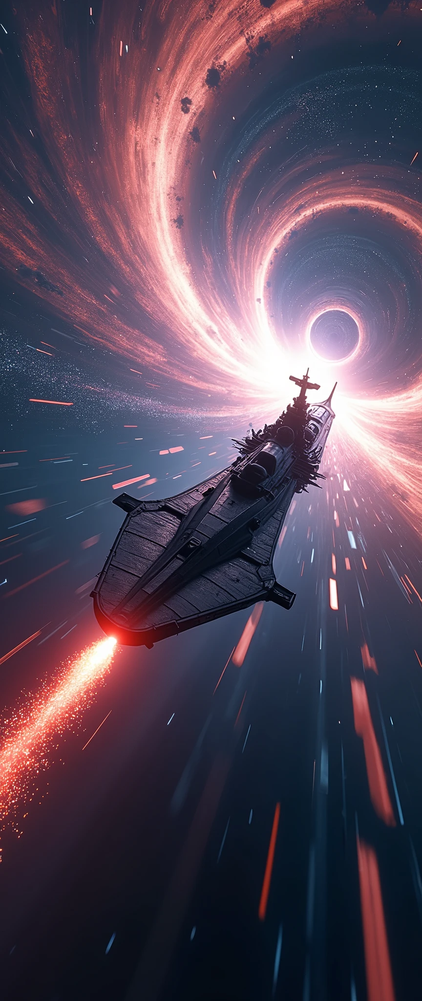 (masterpiece:1.2,Distinguished Quality,Mirror-like,Cinematic Experience),8k,wallpaper,Realistic,(DSLR Canon style),(A battleship-shaped spaceship performs warp travel.:2.0),(sf:2.0),(A streamlined spaceship resembling the Yamato battleship:2.0),(dynamic),(Beautiful particles of light are emitted from the wave engine at the stern.:2.0),(Representing superluminal speed with a beautiful line of light:2.0),(((The background is a wormhole and subspace.:2.0))),(Motion Blur)