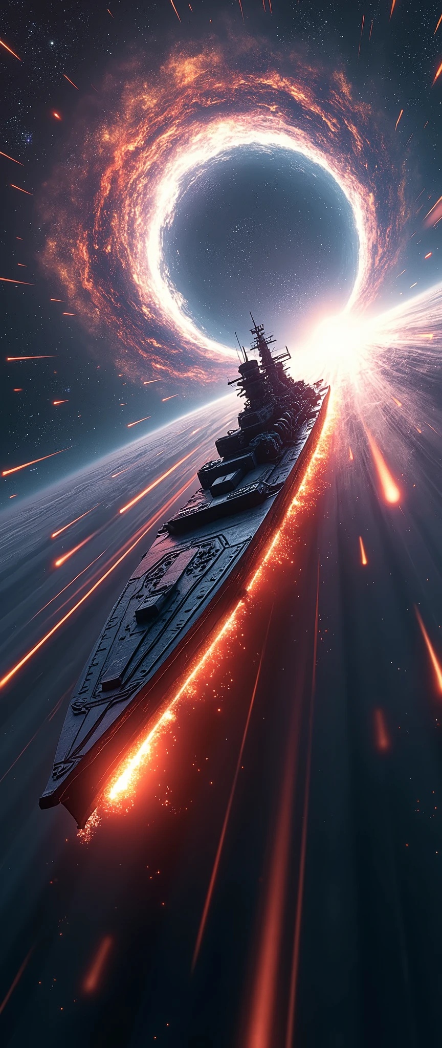 (masterpiece:1.2,Distinguished Quality,Mirror-like,Cinematic Experience),8k,wallpaper,Realistic,(DSLR Canon style),(A battleship-shaped spaceship performs warp travel.:2.0),(sf:2.0),(A streamlined spaceship resembling the Yamato battleship:2.0),(dynamic),(Beautiful particles of light are emitted from the wave engine at the stern.:2.0),(Representing superluminal speed with a beautiful line of light:2.0),(((The background is a wormhole and subspace.:2.0))),(Motion Blur)
