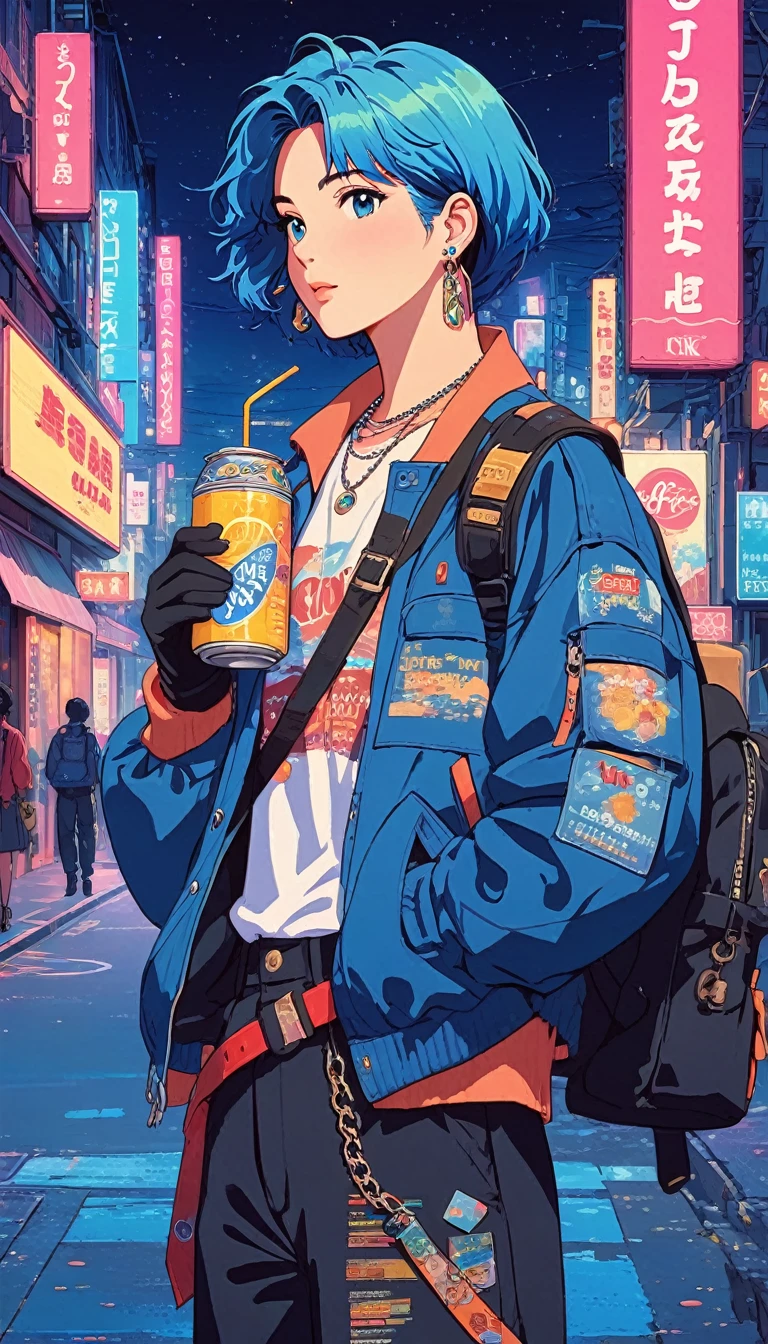 alone, lofi artstyle, lofi art, city, town, 80s anime style, Retro, Lo-Fi, masterpiece, best quality, (extremely detailed CG unity 8k wallpaper), (best quality), (best illustration), (best shadow), absurdres, realistic lighting, (Abyss), beautiful detailed glow, solo, looking at viewer, short hair, black hair, gloves, long sleeves, 1boy, holding, jewelry, blue hair, jacket, male focus, multicolored hair, cowboy shot, earrings, black gloves, pants, necklace, bag, two-tone hair, english text, piercing, backpack, blue jacket, ear piercing, hand in pocket, can, drinking