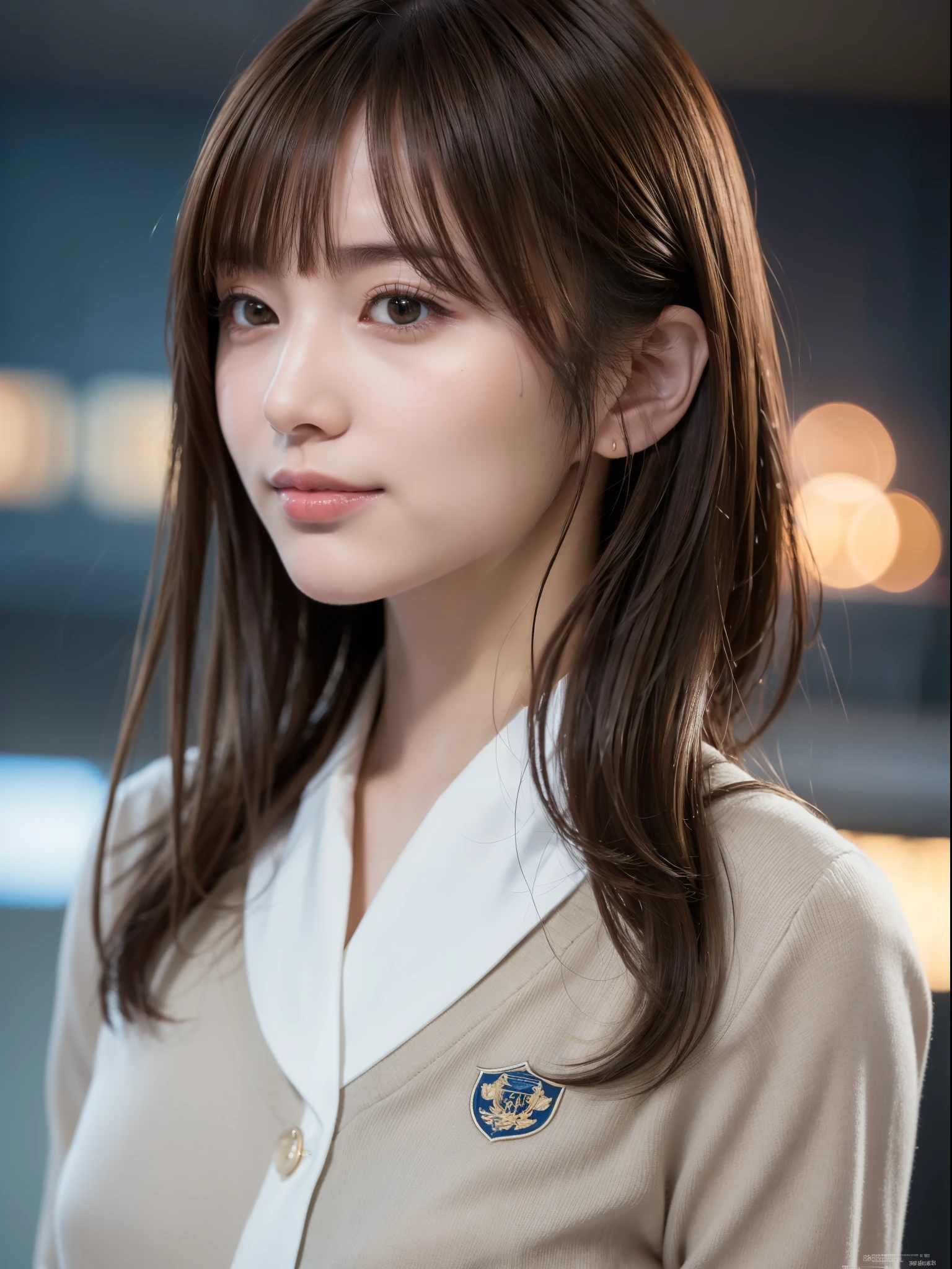 One CA,(CA Uniform), (RAW Photos, Highest quality), (Realistic, Photorealistic:1.4), Tabletop, Very delicate and beautiful, Very detailed, 8k wallpaper, wonderful, In detail, Highly detailed CG unification, High resolution, Soft Light, Beautiful and detailed 25-year-old beauty, Very detailed目と顔, Beautifully detailed nose, Beautiful attention to detail,Cinema Lighting,Night airport,Perfect Anatomy,Slender body,smile (My hair is messy, Asymmetrical bangs, Light brown hair,)
