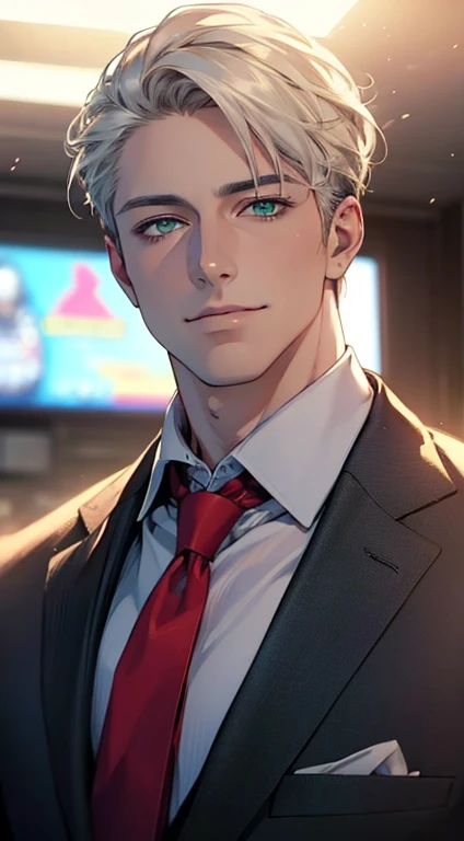 (Highest quality,4K,8K,High resolution,masterpiece:1.2),Super detailed,(Realistic,photoRealistic,photo-Realistic:1.37),1 person,34 years old,Mature Men,Beautiful skin、very handsome,Expressionless smile in love,Short white hair,green eyes,Sharp Eyes,A perfect face without a doubt,Businessman, CEO, Office Background,Cinema Lighting,HDR image,tie、