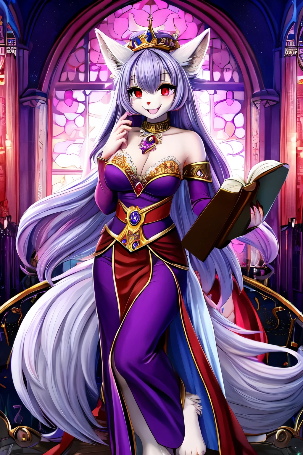 ((best quality)), ((masterpiece)), (detailed), 1girl, succubus clothes, hot clothes, hot looking, average boob size, wolf, long hair, fluffy, kemono, red eyes, smiling, holding a book, cute, fancy royal clothes, grey fur colors, ring on a finger, full body, epic background, very fluffy, pink and purple colors, high detailed fur everywhere, only fur