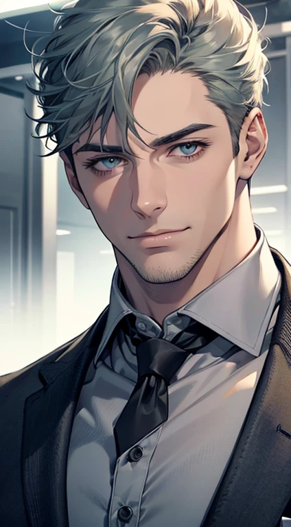 (best quality,4k,8k,highres,masterpiece:1.2),ultra-detailed,(realistic,photorealistic,photo-realistic:1.37),1 man,31 years old,mature man,very handsome,without expression,smile,short grey green hair,blue eyes,penetrating gaze,perfect face without errors,imposing posture,businessman,office background,cinematic lighting,hdr image