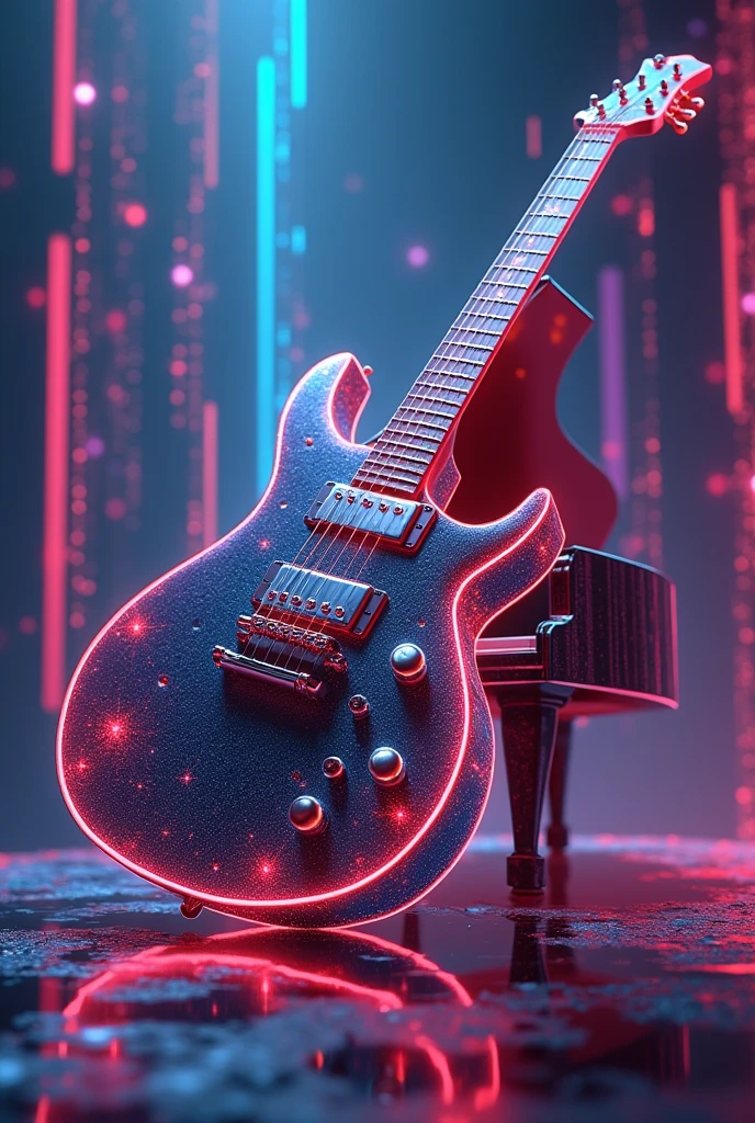 3D A futuristic and abstract visual representation, evoking the fusion between artificial intelligence and musical creation. guitare, piano

