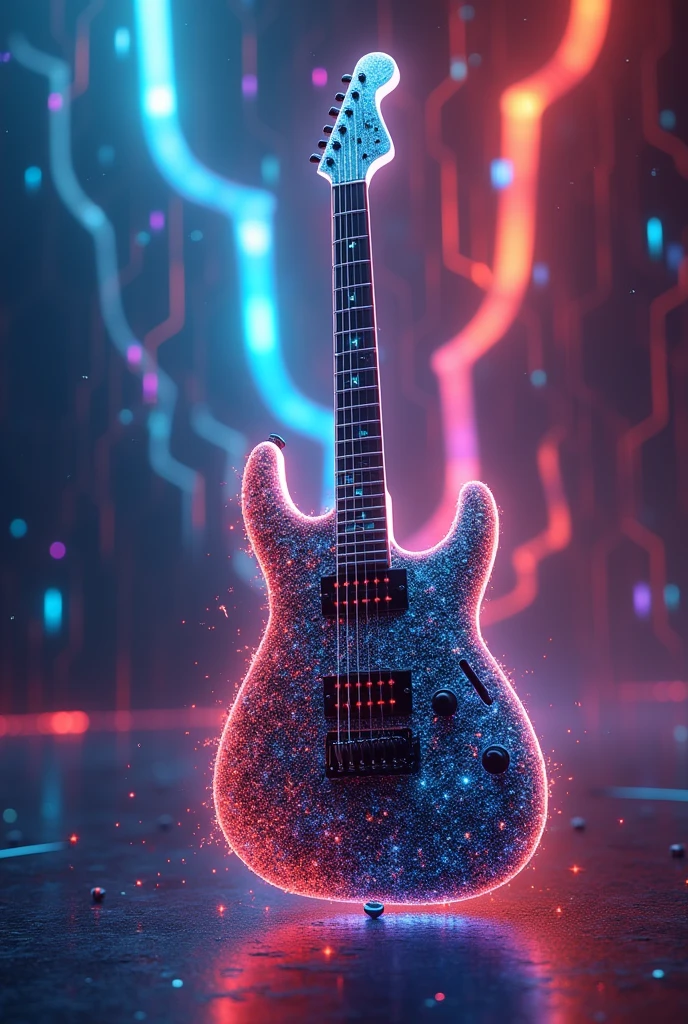 3D A futuristic and abstract visual representation, evoking the fusion between artificial intelligence and musical creation. guitare, piano


