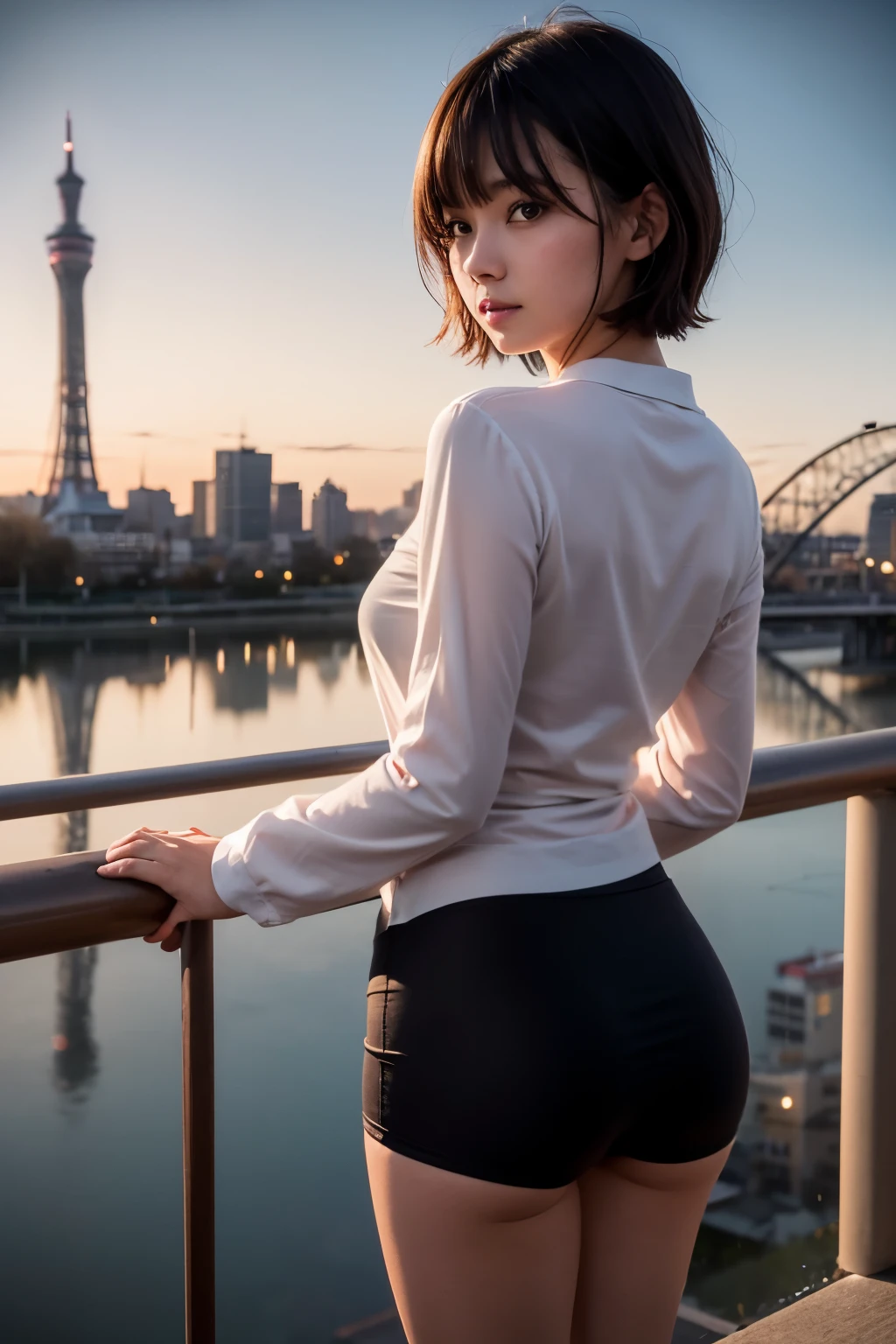 8k, RAW Photo, Best Quality, Masterpiece, Realistic, PhotoRealistic, Extremely Detailed 8k Wallpaper, Beautifully Detailed Eyes, Finely Detailed Face, 
 BREAK 
Cinematic Lighting, Rim Lighting, 
 BREAK 
(((1 Girl at Riverside, 
s-bridge:1.8, t-skytree:1.8, s-river:1.8, night:1.8, sparkle:1.8, reflection:1.8))), 
Perfectly Anatomically Correct:1.0, 5 Beautiful Thin Finger:1.0, 
 BREAK 
1 Girl, 
Very Short Bob Hair:1.2, Symmetrical Clear Eyes:1.1, Captivating Eye Reflections:1.1, 
[[Kawaii, Japanese], Wide-Set Eyes, [Big Eyes], Almond-Shaped Eyes, tareme, (Double Eyelids), [Eye Bags], (White Skinned), Blush, Embarrassed, 17-Year-Old, 
(Round Face), [Chiseled Face], Round Chin, Thin Lips, [Small Nose], [Oval-shaped Face], (Wet Hair), [Messy Hair], Open Mouse, [Pouted Cheek]], 
Clothing Random Burberry Tops + Bottoms, 
Looking Back Viewer, 
[[Showing off the Swelled Buttocks Protruded from Bottoms to the Viewer:1.0, Medium Buttocks Upturned:1.0, Beautiful Spherical Shape Buttocks:1.0]], 
 BREAK 
SFW:1.2, 
 BREAK 
(Low Angle:1.2, Feet Out of Frame), Soft Saturation, Soft contrast, bokeh:1.2