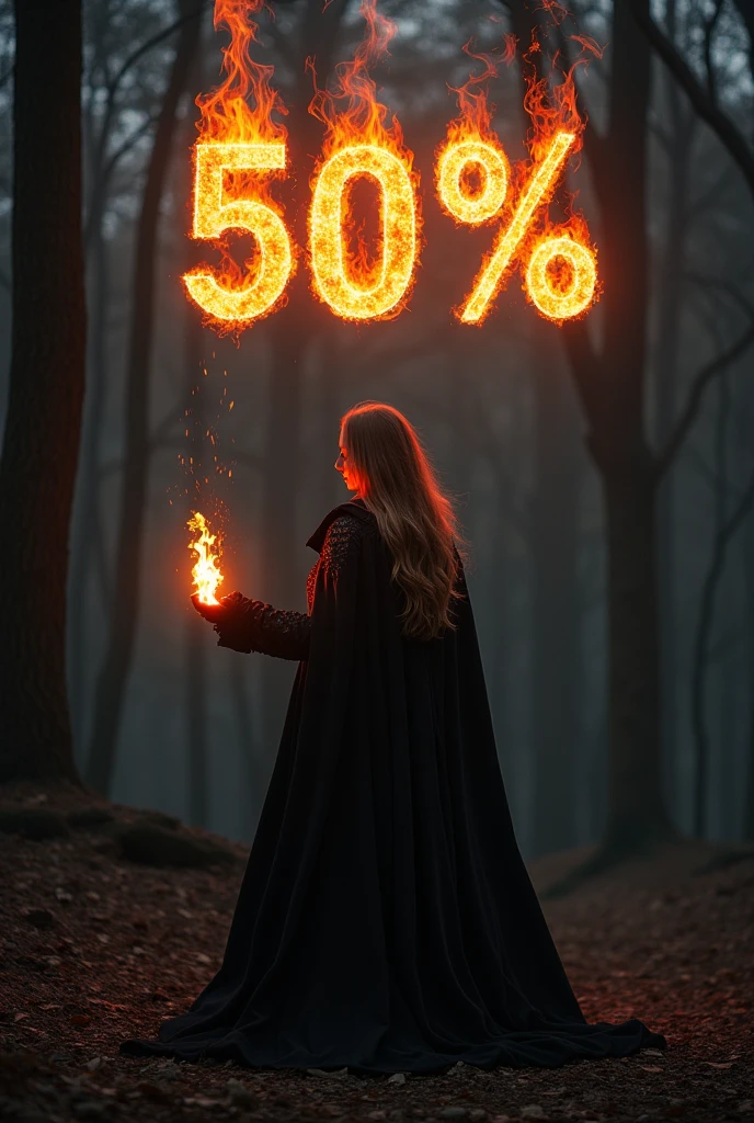 A woman wearing a black cloak is making fire with one hand. The text “50%” appears in the shape of a fire.