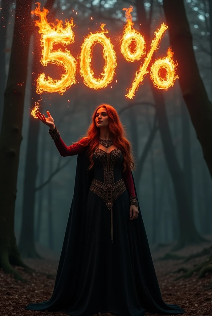 A woman wearing a black cloak is making fire with one hand. The text “50%” appears in the shape of a fire.