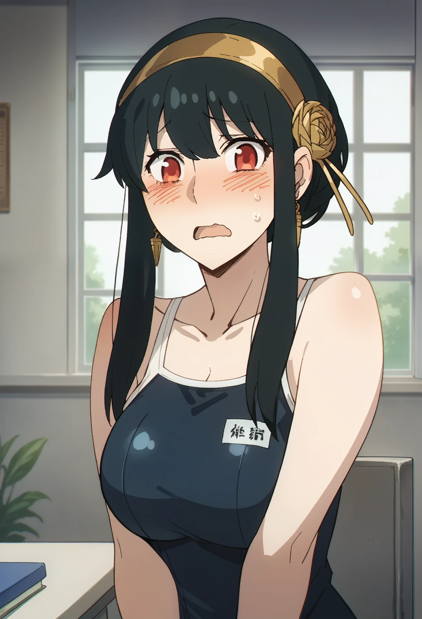 score_9, score_8_up, score_7_up, score_6_up, score_5_up, score_4_up, BREAK source_anime,black hair, red eyes, gold earrings, looking at viewer, short hair with long locks, sidelocks, hair ornament, gold hairband,,school swimsuit,clavage,large breast ,shy, blush, embarrassed, open mouth,
