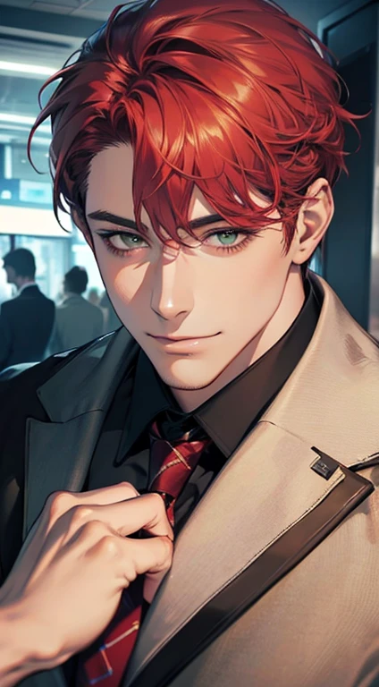 (Highest quality,4K,8K,High resolution,masterpiece:1.2),Super detailed,(Realistic,photoRealistic,photo-Realistic:1.37),1 person,31 years old,Mature Men,Beautiful skin、very handsome,Expressionless smile in love,Short gray red hair,green eyes,Sharp Eyes,A perfect face without a doubt,Businessman,Office Background,Cinema Lighting,HDR image,tie、
