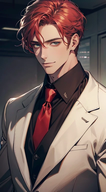 (Highest quality,4K,8K,High resolution,masterpiece:1.2),Super detailed,(Realistic,photoRealistic,photo-Realistic:1.37),1 person,31 years old,Mature Men,Beautiful skin、very handsome,Expressionless smile in love,Short gray red hair,green eyes,Sharp Eyes,A perfect face without a doubt,Businessman,Office Background,Cinema Lighting,HDR image,tie、