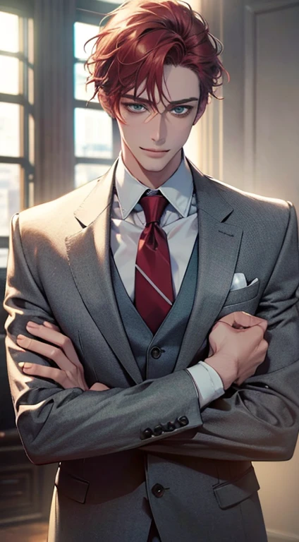 (Highest quality,4K,8K,High resolution,masterpiece:1.2),Super detailed,(Realistic,photoRealistic,photo-Realistic:1.37),1 person,31 years old,Mature Men,Beautiful skin、very handsome,Expressionless smile in love,Short gray red hair,green eyes,Sharp Eyes,A perfect face without a doubt,Businessman,Office Background,Cinema Lighting,HDR image,tie、