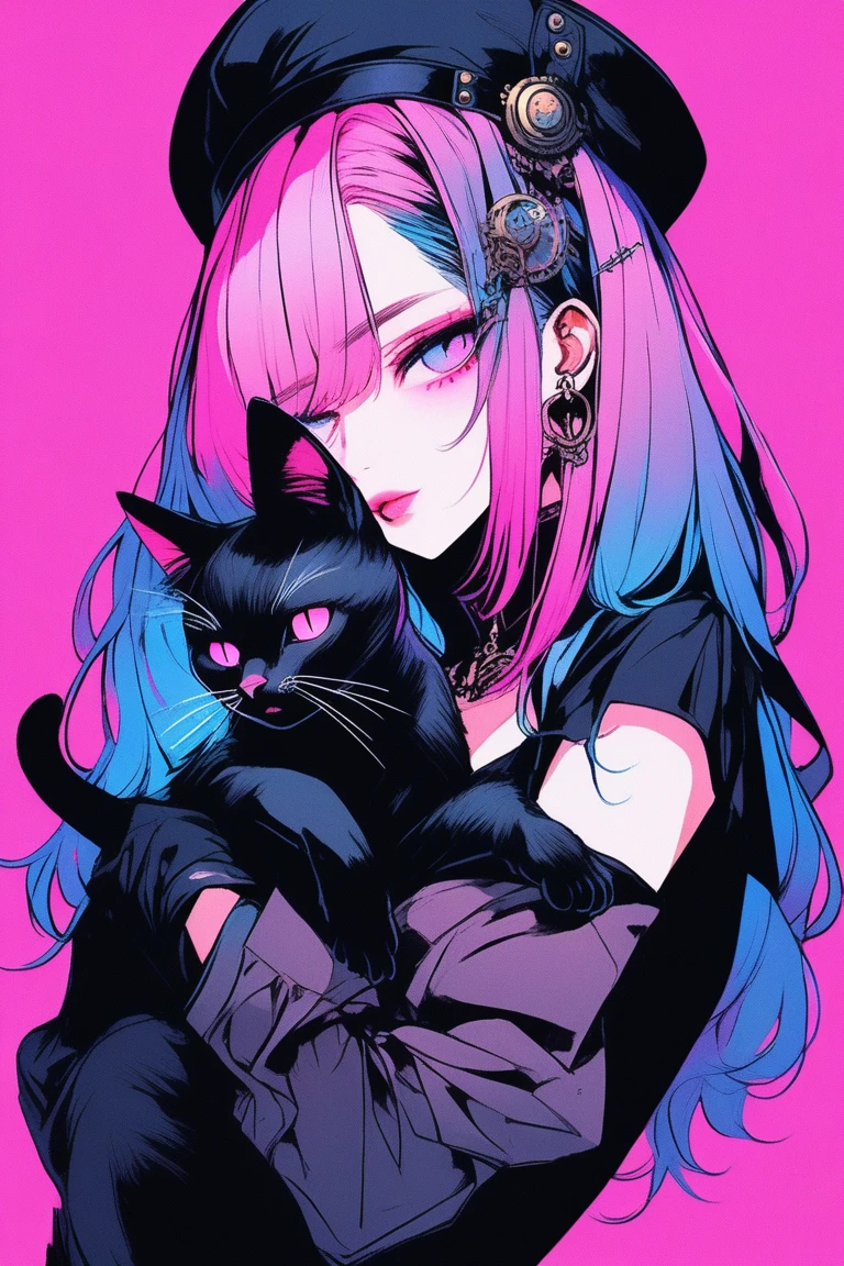 Illustrator, anime , Realistic ,sketch , 1 person, model, Portraiture, lip, Gothic steampunk hat, Black bustier jumper skirt, Exposing shoulders, order, Blue and pink gradient background, Neon colored hair, Big Breasts, (((Upper Body))), (((look back))), Holding a black kitten, Sexy look, Sexy pose, Texture Trim, Russia, (masterpiece,Highest quality)