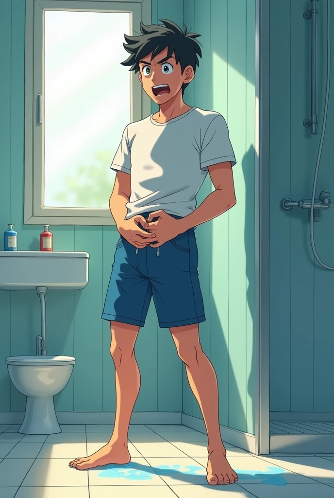 In the morning bathroom, a slender mascular young man in blue short pants has pissed his pants. His pee makes a wet spot in the front of his pants . He is holding his cotch but his pee is leaking out from his pants. There is a pee puddle at his feet. He looks embarrassed. White t shirt. Anime.