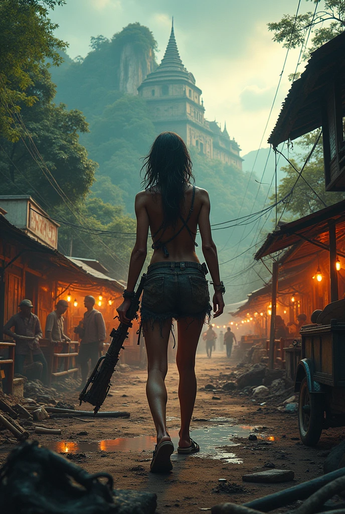 Create a compelling book cover-style illustration set in Thailand during a zombie apocalypse. The scene should be dynamic and dramatic, capturing both the essence of the setting and the intensity of the situation.