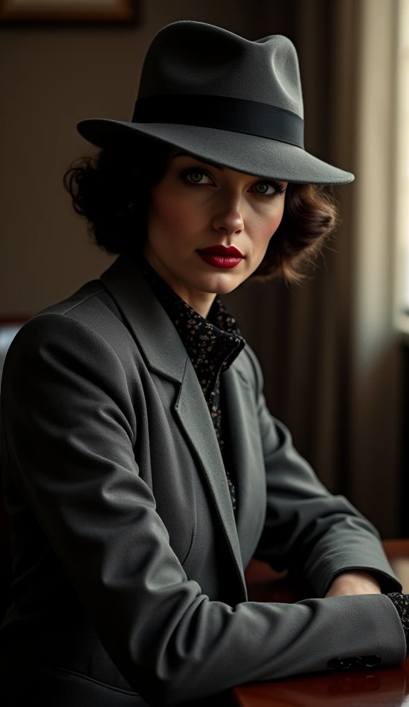 1930s elegant female detective gangster, femme fatale, sophisticated Gangster Moll in grey suit with bola hat, in office intricate lace details, dramatic lighting,chiaroscuro effect, striking high-contrast shadows, glamorous film noir style, cinematic atmosphere, masterpiece, hyperrealistic, highly detailed, photorealistic