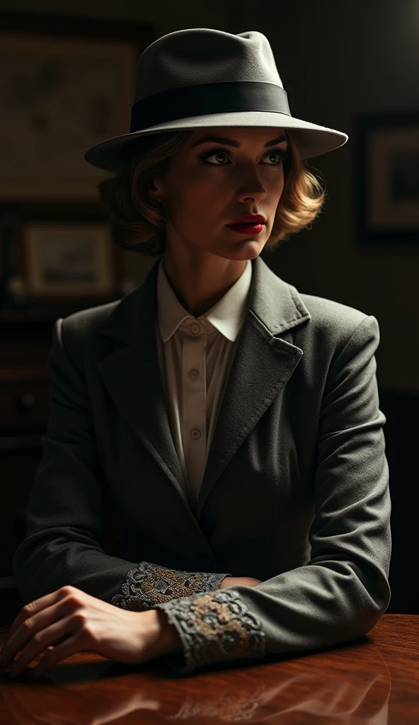 1930s elegant female detective gangster, femme fatale, sophisticated Gangster Moll in grey suit with bola hat, in office intricate lace details, dramatic lighting,chiaroscuro effect, striking high-contrast shadows, glamorous film noir style, cinematic atmosphere, masterpiece, hyperrealistic, highly detailed, photorealistic