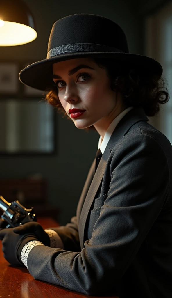 1930s elegant female detective gangster, femme fatale, sophisticated Gangster Moll in grey suit with bola hat, in office intricate lace details, dramatic lighting,chiaroscuro effect, striking high-contrast shadows, glamorous film noir style, cinematic atmosphere, masterpiece, hyperrealistic, highly detailed, photorealistic