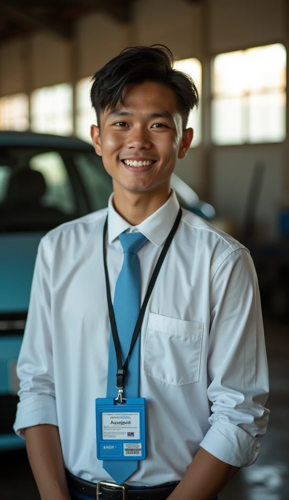 (Masterpiece), (very complicated:1.3),(realistic),look at viewer,upper body,Auto mechanic, Portrait of a Thai man, 18 years old,Auto mechanic,(White long-sleeved shirt with a light blue tie),Hanging a blue student ID lanyard,Car inspection,It's in the car repair shop.,Big smile,weak sunlight, ภาพถ่ายมืออาชีพของผู้ชายที่Amazingอย่างละเอียด,Sharp focus, Amazing, won, movie light, Volume dtx,(Film texture, blurred background, The foreground is blurry., Bokeh, depth of field,Motion blurred image:1.3)