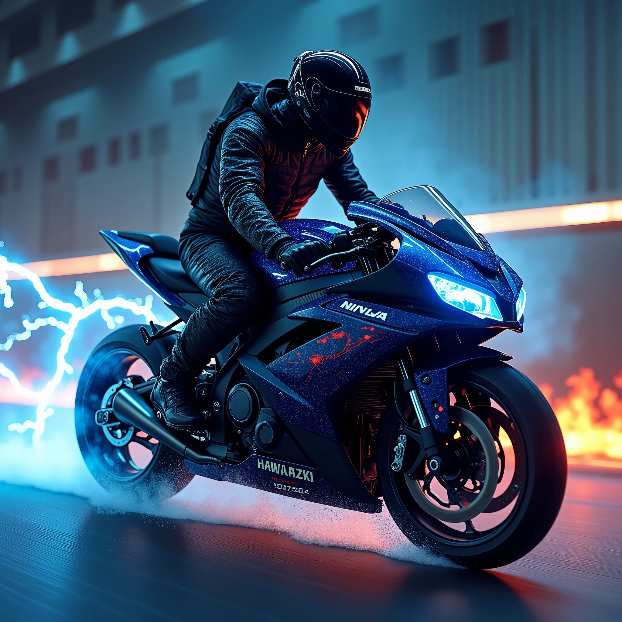 Kawazaki Ninja H2R Black Modified Motorcycle in Blue with Space Technology Driven by a Man in a Black Space Suit with Red Flames Added and the Bike Heading to Penetrate Sound and Lightning Bolts Emerging from it in Blue and Flames and Background of the Picture in Hell