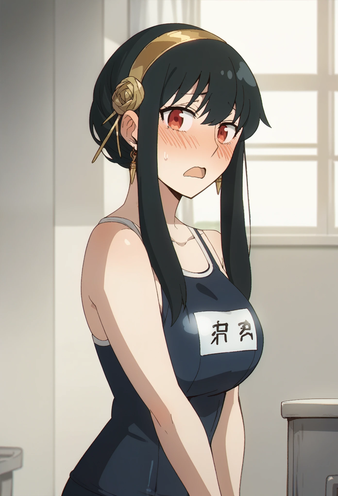 score_9, score_8_up, score_7_up, score_6_up, score_5_up, score_4_up, BREAK source_anime,black hair, red eyes, gold earrings, looking at viewer, short hair with long locks, sidelocks, hair ornament, gold hairband,,school swimsuit,clavage,large breast ,shy, blush, embarrassed, open mouth,