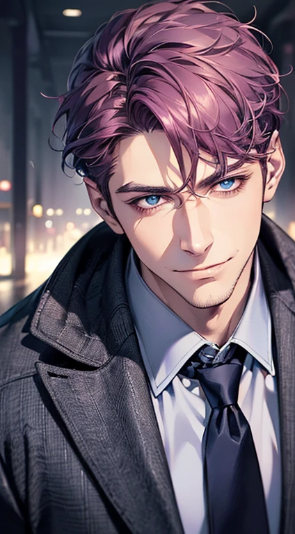 (best quality, masterpiece, 8K, photorealistic, cinematic lighting, 1:4 hdr image, ultra detailed, beautiful image), a mature man, 35 years very handsome, ((cold expression smile in love)), short purple hair, blue eyes, face perfect without mistakes, ((buttoning his jacket, CEO)), smile.