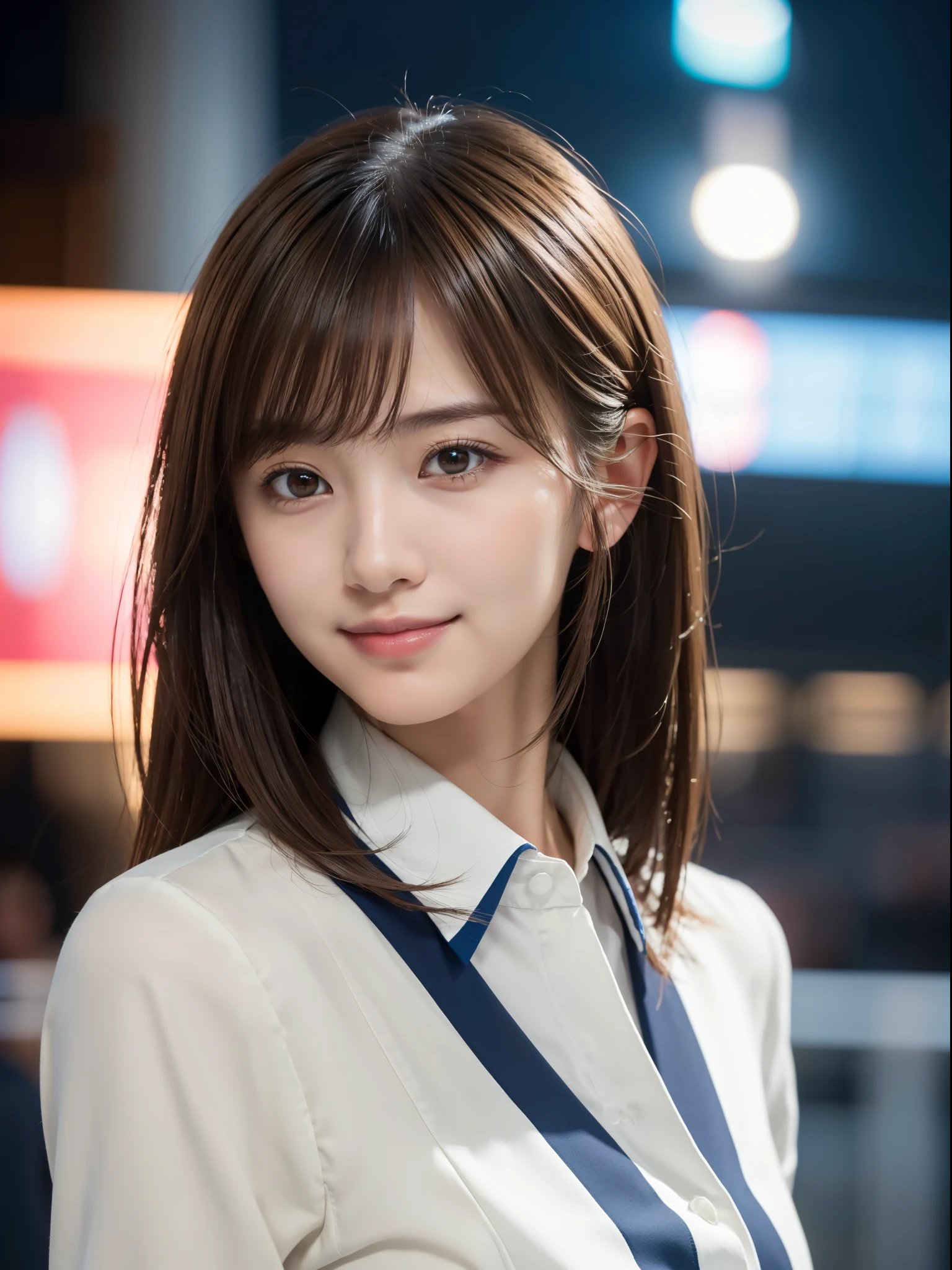 One CA,(CA Uniform), (RAW Photos, Highest quality), (Realistic, Photorealistic:1.4), Tabletop, Very delicate and beautiful, Very detailed, 8k wallpaper, wonderful, In detail, Highly detailed CG unification, High resolution, Soft Light, Beautiful and detailed 25-year-old beauty, Very detailed目と顔, Beautifully detailed nose, Beautiful attention to detail,Cinema Lighting,Night airport,Perfect Anatomy,Slender body,smile (My hair is messy, Asymmetrical bangs, Light brown hair,)