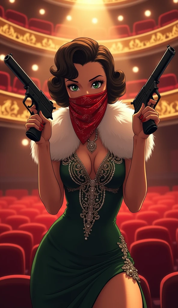 anime, 1girl, 1950s, fashion, elegant, flapper dress, faux fur collar, 1950s victory rolls hairstyle, bandana covering mouth, color, pistols, stage performer, dynamic pose, (best quality,4k,8k,highres,masterpiece:1.2),ultra-detailed,(realistic,photorealistic,photo-realistic:1.37),vibrant colors,dramatic lighting,cinematic composition,cinematic lighting,dramatic pose