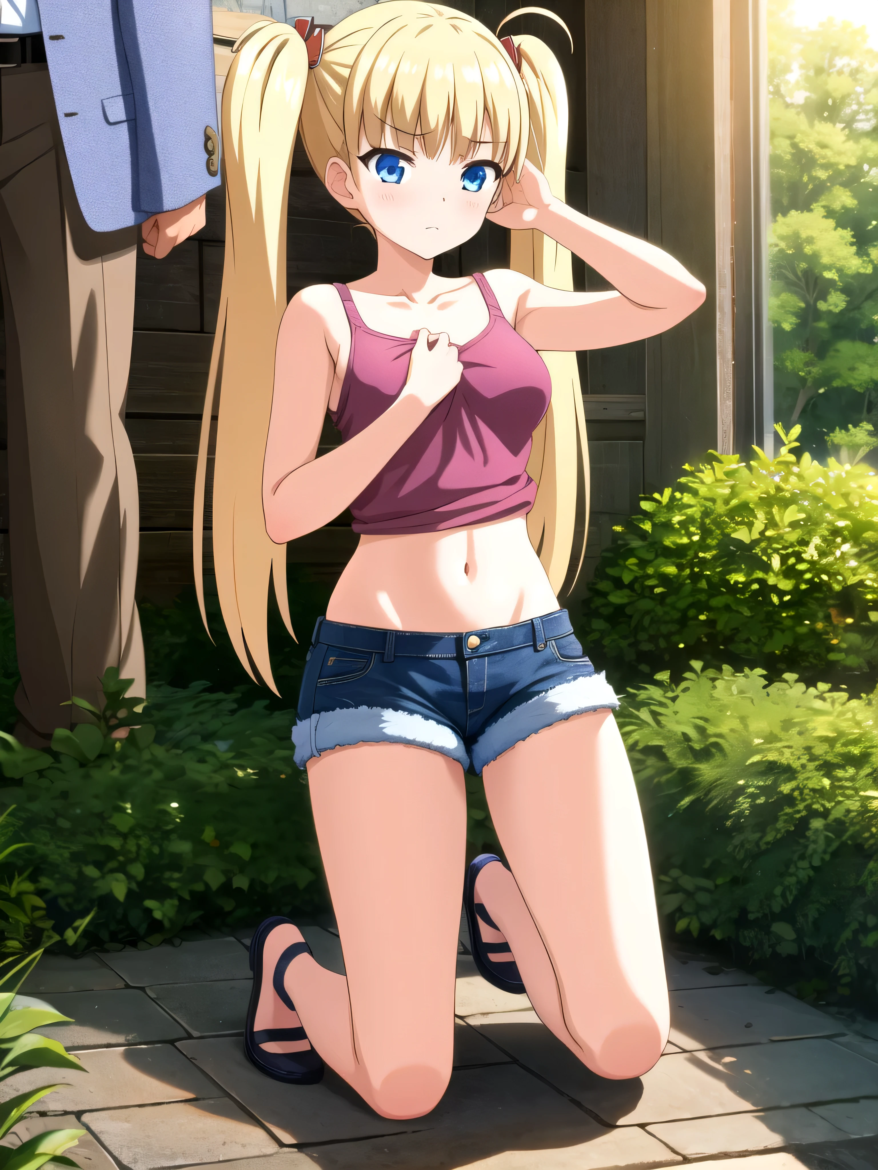(masterpiece, Best Quality:1.2), absurdities, perfect anatomy, 1 girl, full body, looking at the viewer, blunt bangs, ( Denim shorts:1.1), Focus only, Soft lighting, (blue eyes), blonde hair, very long hair, twintails, Airi Akizuki, medium breast, striped tights, she is kneeling, no bra, He is covering his chest with his own arms, no bra