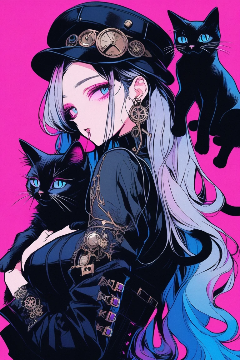 Illustrator, anime , Realistic ,sketch , 1 person, model, Portraiture, lip, Gothic steampunk hat, Black bustier jumper skirt, Exposing shoulders, order, Blue and pink gradient background, Long hair in neon colors, Big Breasts, (((Upper Body))), (((look back))), Holding a black kitten, Sexy look, Sexy pose, Texture Trim, Russia, (masterpiece,Highest quality)