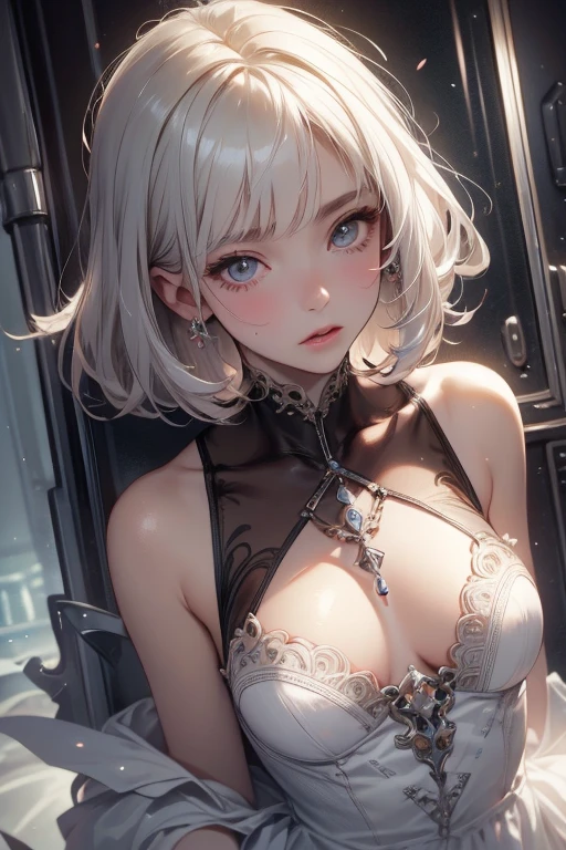 ((Highest quality)), ((masterpiece)), (detailed), A large amount:1.2),extremely detailed cute anime face, (((Flat Chest))), (Flat Chest:1.1),((((Short Bob Hair)))),Complex eyes,beautiful detailed eyes,Symmetrical eyes,(((detailed face))),beautiful detailed lips, If you look at this, (((Embarrassing))),(emotional expression),(My heart is pounding with anticipation.), A translucent white dress reveals her skin、A group of high school girls in string panties and long hair、Aboard