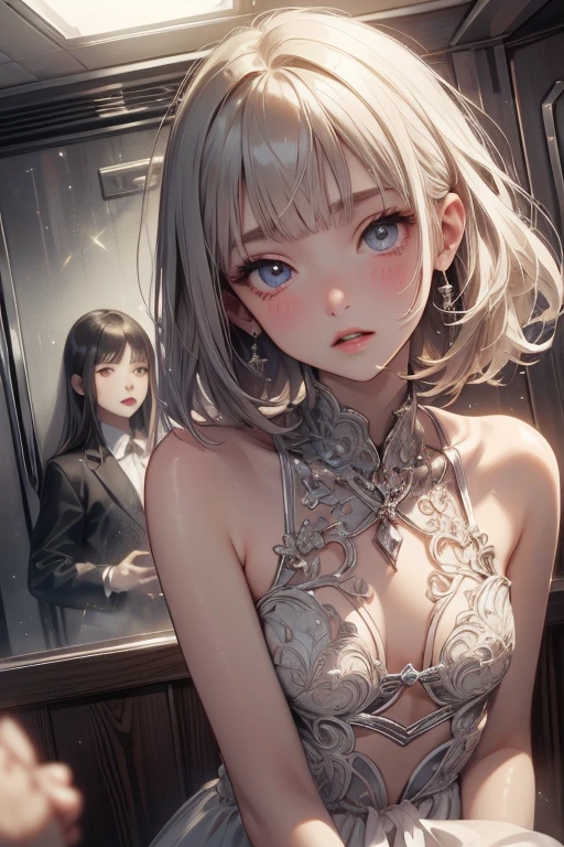((Highest quality)), ((masterpiece)), (detailed), A large amount:1.2),extremely detailed cute anime face, (((Flat Chest))), (Flat Chest:1.1),((((Short Bob Hair)))),Complex eyes,beautiful detailed eyes,Symmetrical eyes,(((detailed face))),beautiful detailed lips, If you look at this, (((Embarrassing))),(emotional expression),(My heart is pounding with anticipation.), A translucent white dress reveals her skin、A group of high school girls in string panties and long hair、Aboard