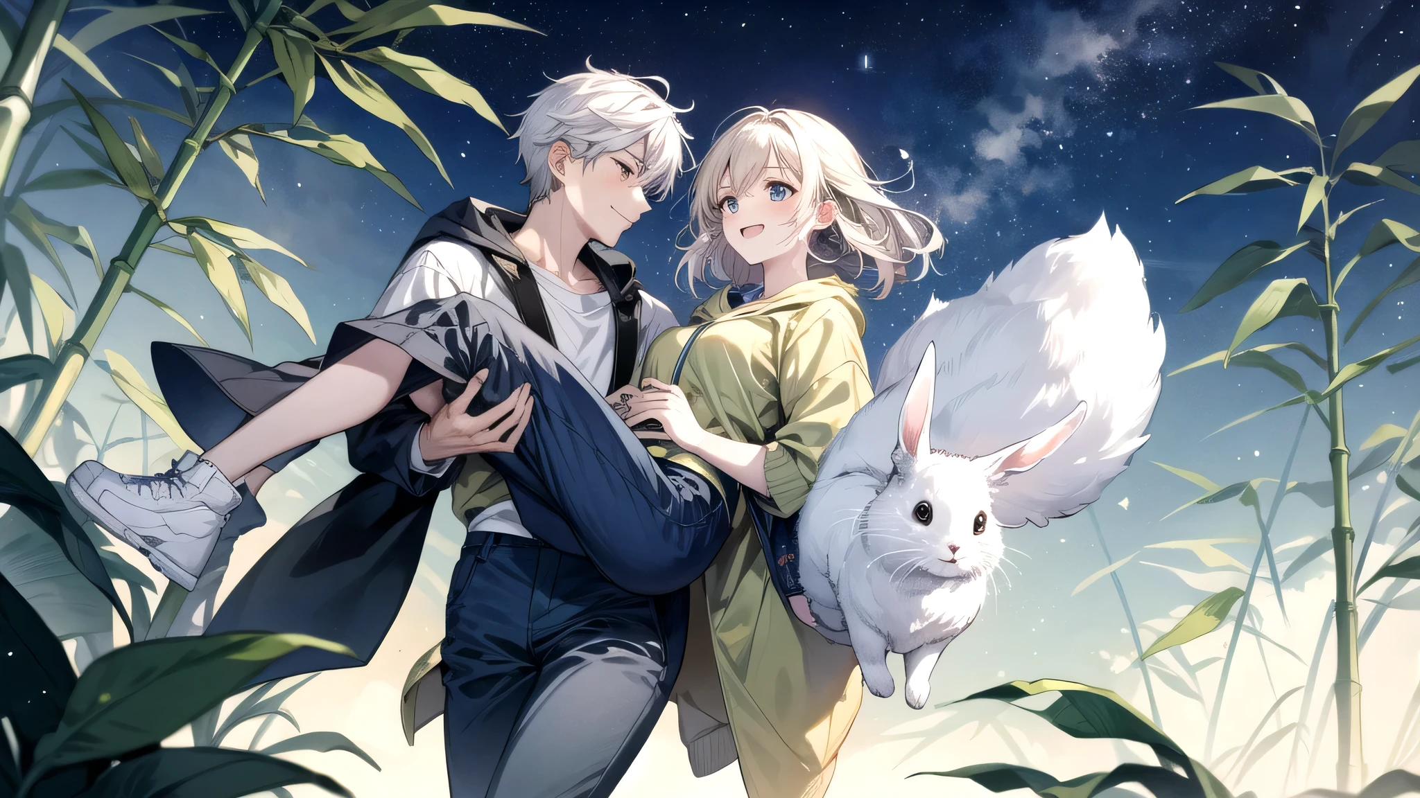 Works in the style of Japanese anime，night，a  and a white rabbit，Black eyes，Wearing a light green hoodie，Light green trousers，White sneakers，smiling at a white rabbit，White rabbit carrying a bamboo backpack，Hand holding a glowing laurel leaf towards，Surrounded by crystal clear laurel trees。Sky is a deep blue night sky，Full of stars，Deep and calm。
