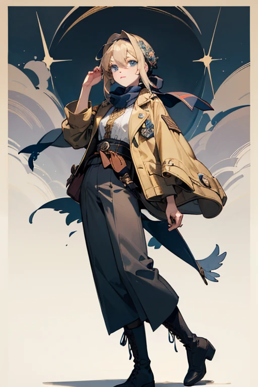 For Violet Evergarden’s outfit on her Pokémon journey, it would likely combine practicality with elegance, reflecting both her military background and her refined sense of style. Here’s a possible design for her outfit:
**She has blonde hair, fair skin and blue eyes, and a pretty face like a calm doll.**
1. **Top:** A fitted, high-collared jacket in a soft, muted color, such as pastel blue or ivory. The jacket might feature intricate embroidery or decorative elements, reminiscent of her Victorian-inspired attire from the original series, but adapted for a more rugged, travel-ready look. It could have practical elements like pockets for carrying essentials.
2. **Bottoms:** Tailored, durable trousers or a long, elegant skirt with reinforced areas for practicality during travel. The trousers might be in a complementary color, such as dark navy or gray, to maintain a refined yet functional appearance.
3. **Footwear:** Sturdy, ankle-high boots that are both comfortable for long journeys and stylish. The boots could be in a neutral color and feature subtle decorative accents.
4. **Accessories:** A stylish, yet practical belt with pouches for carrying Poké Balls and other items. Violet might also wear a decorative scarf or sash, adding a touch of elegance while also serving as an extra layer for changing weather conditions.
5. **Headwear:** A small, elegant hat or a headband that reflects her sense of refinement. The hat could be a soft, functional design that offers protection from the sun while maintaining her distinctive look.
Overall, her outfit would be a blend of practicality and sophistication, designed to reflect her character’s grace and attention to detail while ensuring she is well-prepared for her Pokémon journey.