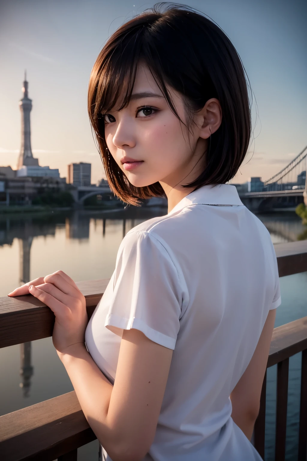 8k, RAW Photo, Best Quality, Masterpiece, Realistic, PhotoRealistic, Extremely Detailed 8k Wallpaper, Beautifully Detailed Eyes, Finely Detailed Face, 
 BREAK 
Cinematic Lighting, Rim Lighting, 
 BREAK 
(((1 Girl at Riverside, 
s-bridge:1.8, t-skytree:1.8, s-river:1.8, night:1.8, sparkle:1.8, reflection:1.8))), 
Perfectly Anatomically Correct:1.0, 5 Beautiful Thin Finger:1.0, 
 BREAK 
1 Girl, 
Very Short Bob Hair:1.2, Symmetrical Clear Eyes:1.1, Captivating Eye Reflections:1.1, 
[[Kawaii, Japanese], Wide-Set Eyes, [Big Eyes], Almond-Shaped Eyes, tareme, (Double Eyelids), [Eye Bags], (White Skinned), Blush, Embarrassed, -Yeld, 
und Face), [Chiseled Face], Round Chin, Thin Lips, [Small Nose], [Oval-shaped Face], (Wet Hair), [Messy Hair], Open Mouse, [Pouted Cheek]], 
Clothing Random Burberry Tops + Bottoms, 
Looking Back Viewer, 
 BREAK 
SFW:1.2, 
 BREAK 
(Low Angle:1.2, POV Shot), Soft Saturation, Soft contrast, bokeh:1.2