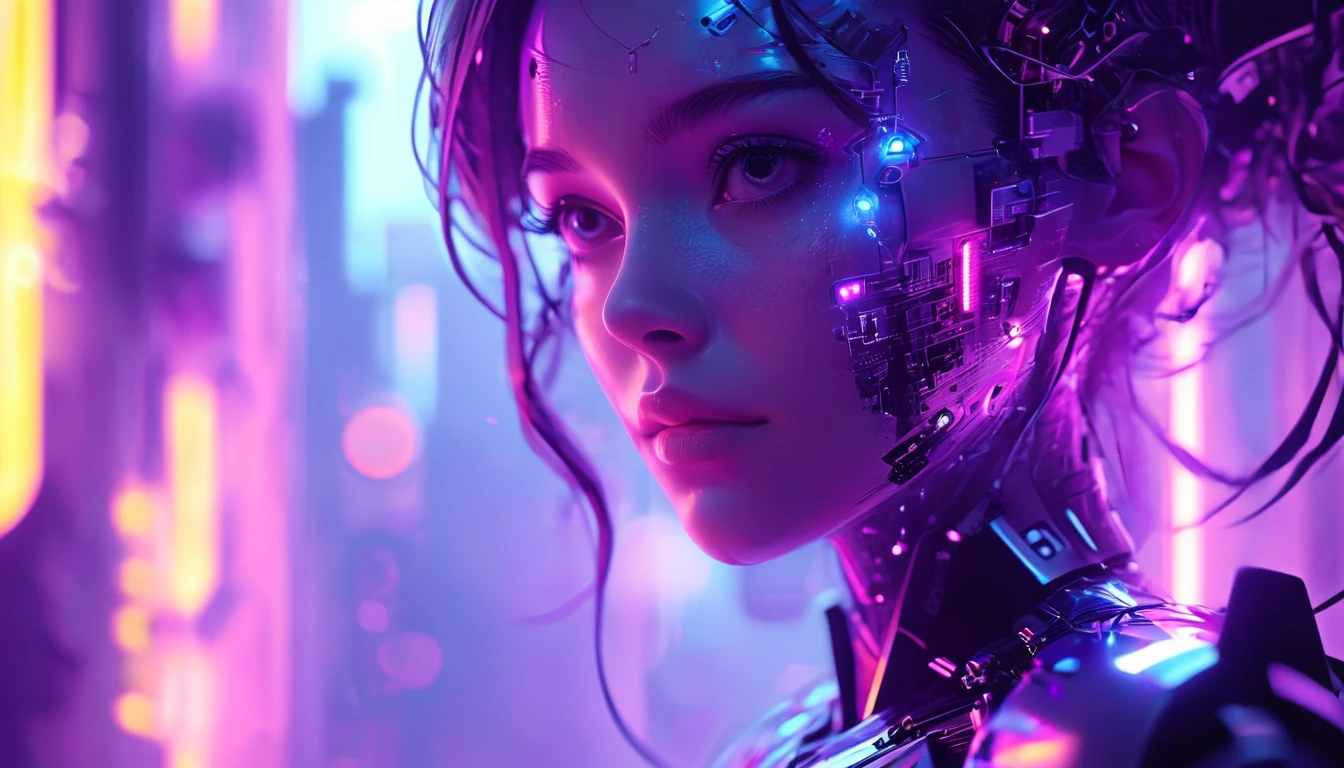 (Future Technology), (Close-up of mech face), Blue to purple gradient background, Dreamlike space city background, Fantastic light and shadow effects
