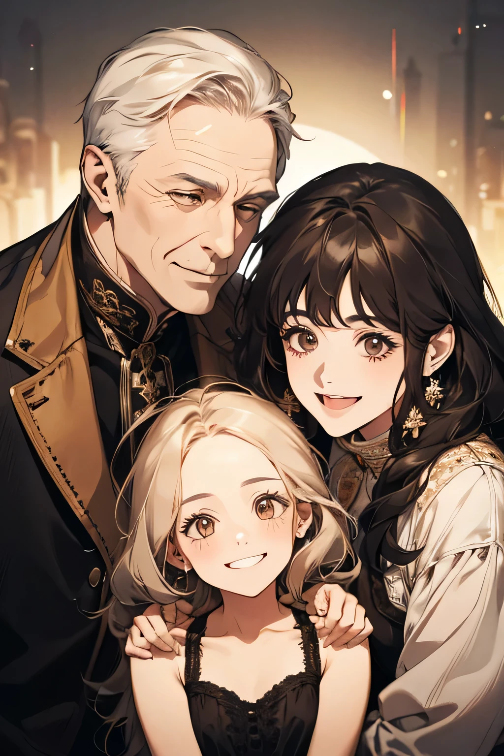 A smiling between her father and mother.
All three are smiling.
Cheek to Cheek