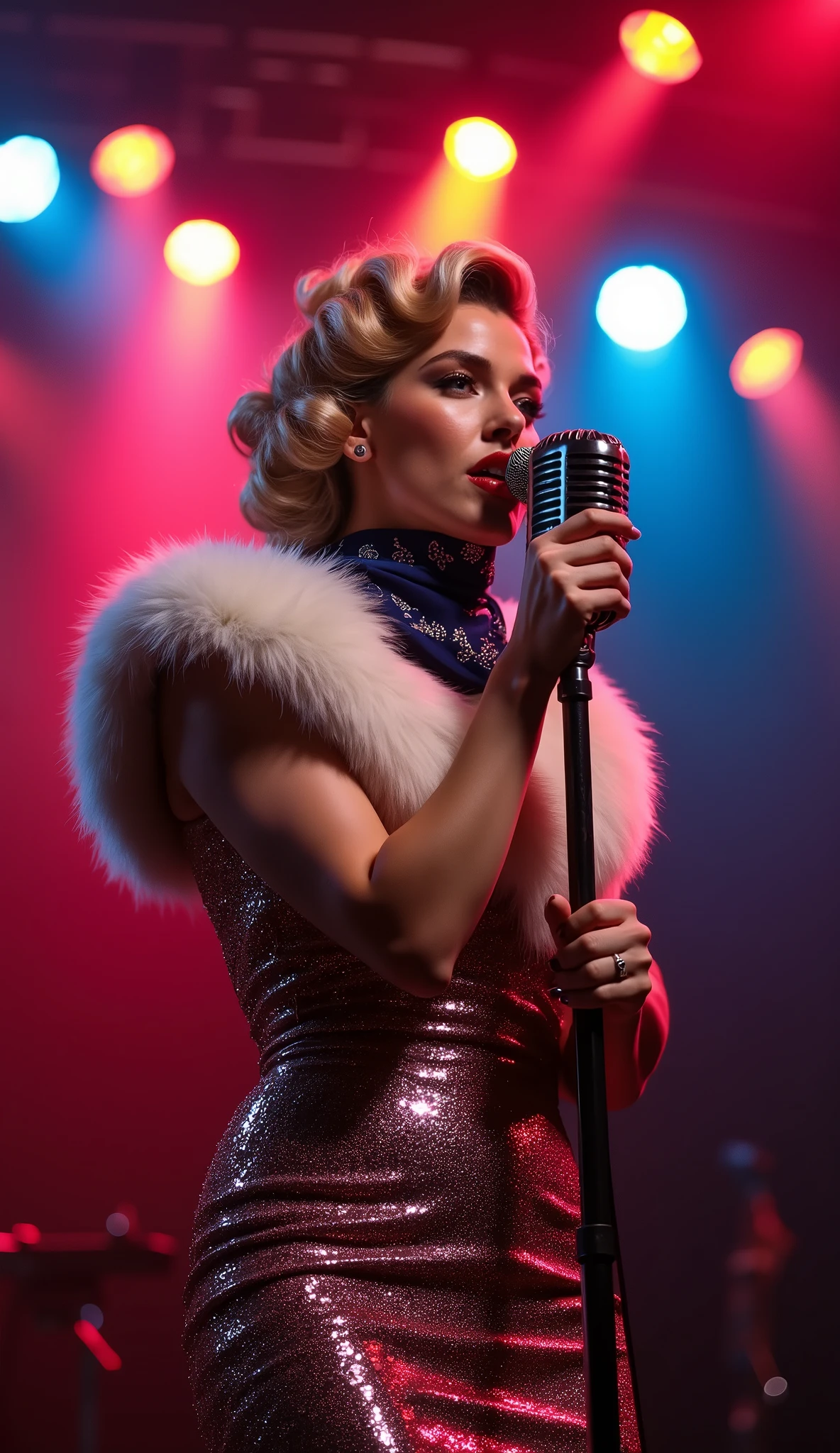 1girl, 1950s, fashion, elegant, flapper dress, faux fur collar, 1950s victory rolls hairstyle, bandana covering mouth, color, pistols, stage performer, dynamic pose, singing on stage mic on stage,  (best quality,4k,8k,highres,masterpiece:1.2),ultra-detailed,(realistic,photorealistic,photo-realistic:1.37),vibrant colors,dramatic lighting,cinematic composition,cinematic lighting,dramatic pose