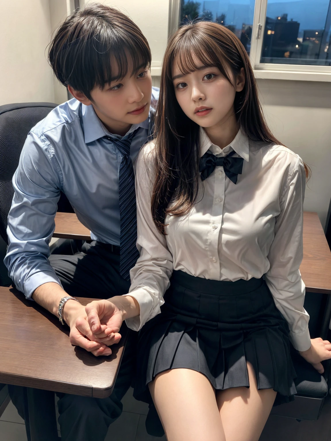 A handsome CEO with his beutiful girlfriend,who is on her highschool hot uniform romancing together with him in his luxury office at night.
While he carefully romantically falls down her hair., laege breasts