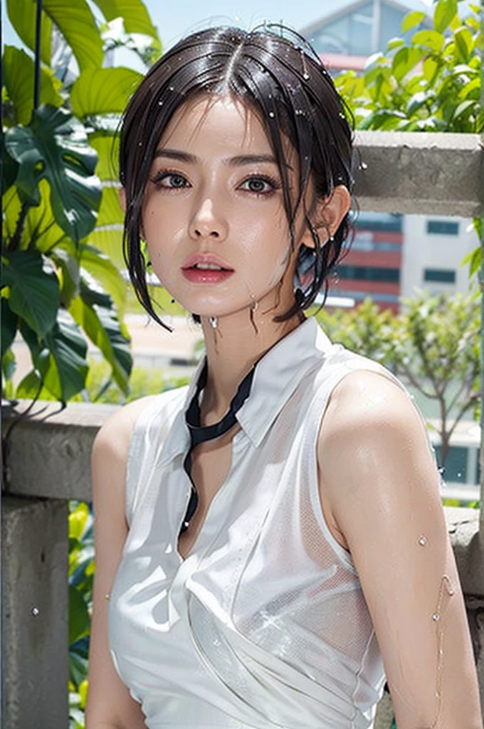 (Masseter muscle area:1.3), (8k, Photorealistic. RAW Photos. Highest quality::1.4), (1 adult female), Beautiful expression, (A vivid face), sharp brown eyes, Supermodel face, (Wet black hair, short hair:1.6), Beautiful hairstyle, Realistic eyes, Beautiful details, Realistic Skin), Beautiful skins, (White dress shirt:1.6), Absurd, Charm, Ultra-high resolution, Surreal, High definition, Golden Ratio