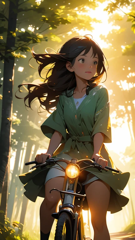 Create a realistic anime-style image of a young girl riding a bicycle on a scenic road surrounded by a lush forest at sunset. The scene is bathed in warm, golden light, casting long shadows and highlighting the rich colors of the environment. The road winds gently through the forest, with colorful flowers lining the sides, their petals glowing softly in the fading sunlight. The trees are tall and majestic, with leaves that filter the light, creating dappled patterns on the ground. The girl's hair flows gently in the breeze as she pedals, and her expression is one of pure joy and freedom. The overall image is serene and beautiful, with vibrant colors and a magical atmosphere that captures the tranquility and beauty of nature at dusk