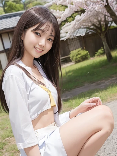 Japanese female, (underweight), (flat chest best quality:1.5), 30 years old, (cheerful grin:1.3),
village, squatting, legs spread, long hair, (white blouse), (undone clothing:1.4), (yellow mini skirt), in the village, with a cherry blossom, full body shot, (low angle shot:1.3)